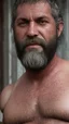 Placeholder: close up photography of a turkish ugly burly serious sweaty, wet chubby muscular and hairy carpenter shirtless, with short pants in safety vest and with long beards, 44 years old, working on a construction site, in the middle of a road, under the August sun, angry eyes, , hyper-realistic, photorealistic , frontal view from the ground