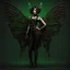 Placeholder: Full body, gothic woman with a bob with a fringe hairstyle, steampunk metal moth wings, green markings, black background