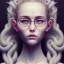 Placeholder: three girls, glasses, portrait, leaning pose, sueter, dead eyes, emotionless face, long white hair, full body, realistic painting, tattoo, intricate detail, cute, symmetrical, emotionless, big horns,