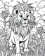 Placeholder: create a 2d black outline, "safari lion coloring book for kids ", coloring page, low details design, black contour, coloring page design, simple background, colorful , card style, coloring page for kids, white background, sketch style, cartioon style, safari landscape