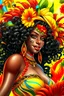 Placeholder: Create a digital airbrush cartoon of a curvy African American female wearing Brazilian carnaval outfit outfit that's Black, yellow, and red Prominent make up with hazel eyes. Highly detailed very long extremely curly black hair. Her skin is smooth and silky. Background eof a judge full of colorful flowers