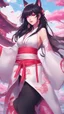 Placeholder: A close hot picture of Ahri with black hair and Japanese Clothes and nine Sia with neon glowing in fantasy world