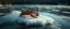Placeholder: airbrush rendering, close up lobster and gnome on small frozen island in lake, pinhole cam