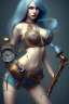 Placeholder: steampunk, body, women, rendering, blue hair, complex pipes background, highlights