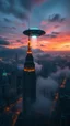 Placeholder: A top view of City building burning and ufo in the sky is hovering