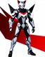 Placeholder: (((Full body and legs))). Digital illustration of futuristic character with armor, dynamic. Elegant metallic suit adorned with sharp angular lines, silver colors, black details, red stripe on the chest. Helmet with pointed cat design, cat ears, bright red cat eyes, exuding menacing presence. Stylized, abstract artwork, sketch-like quality, vibrant colors emphasize intricate details of the armor