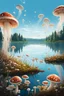 Placeholder: Landscape scene across a lake with mushrooms with jellyfish tentacles floating through a light blue clear sky