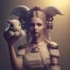 Placeholder: a cute smiling girl holding her toy bunny, tattoo in her face, michelangelo oil painting, steam punk, scary, horror, realistic, made in octane, cinematic, ultra-realistic, extremely detailed octane rendering, 8K, VRAY Super Real ar 2:3, dof photorealistic futuristic 50mm lens hard lighting dark gray tintype photograph, realistic lighting, sephia colors