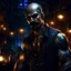 Placeholder: vampire the masquerade bujah, a male muscly tatooed bald biker with a glorious mustache and sidebeard and classic redneck style looking amoused and ready to fight outside of a bar at night, realistic artstyle and
