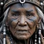 Placeholder: (in the style of Orion, by Masamune Shirow) Subject: A high-resolution, gritty, photorealistic close-up of a weathered tribal shaman, an elderly woman with deep lines on her face etched by years in the elements. Her eyes are large, intense, and gleam with an unsettling, glassy sheen like highly polished obsidian, reflecting a multitude of chaotic, colorful, abstract shapes that writhe just beneath the surface of the eye itself. She has an expression of profound focus, perhaps a subtle smirk, wat