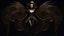 Placeholder: full length, steampunk delicate metal woman, moth, wings, black background