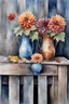 Placeholder: watercolor painting of two antique and rusty metallic vases with colorful dahlia's and autumn leafs over rustic wooden bench, an old blue painted fence in the background, beautiful still life