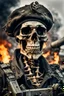 Placeholder: ultra high definition image of an attractive but scary looking skeleton, rising from the ashes, a war veteran, partially humanlike characteristics, army beret and ripped amo wear, very detailed, chaotic background, dramatic close-up action shot of him on a burned out war tanker with a torpedo on shoulder ready to fire and ammo ,gothic and dark theme, 12k