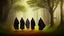 Placeholder: black robe hooded monks on the forest path