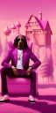 Placeholder: Snoop dogg. a chair. pink houses, pink sky, pink smoke, trees, outdoors.