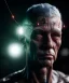 Placeholder: Ultra realistic photographic night portrait, cinematic, naked, shaved < strong man> <hanging wires> many wires coming out of the head <perfect pupil> <cyborg> <garage> <medium shot view> <sci-fi futuristic> <thriller>, fog, soft color, highly detailed, unreal engine 5, ray tracing, RTX, lumen lighting, ultra detail, volumetric lighting, high definition.