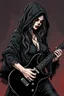 Placeholder: beautiful busty waif woman(wearing a wrinkled dark hoodie with wide sleeves trimmed with lace, skull face paint) playing a black electric guitar with scythe blade at top. heavy metal graphic novel
