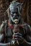 Placeholder: beautiful black skin warrior man gray hair holding a voodoo doll made of sticks