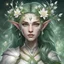 Placeholder: Generate a dungeons and dragons character portrait of the face of a female spring Eladrin. She is a circle of the Stars Druid, Twilight Cleric. Her hair is off-white and voluminous. Her skin is very pale. Her eyes are green. She wears a dainty circlet made of silver coated branches with spring flowers.
