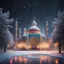 Placeholder: Hyper Realistic rainbow textured Mosque at heavy snowfall night with decorative lights