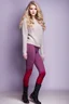 Placeholder: beautiful 18 year old girl with ash blonde hair and blue eyes with her curvy hair down, wearing a long-sleeved woollen top, and lilac long leggings, with long red boots full body shot