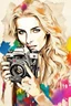 Placeholder: portrait of a blonde woman with a camera, background old torn paper, bright colors, ART drawing