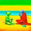 Placeholder: sandy beach scene shows realistic Data from Star Trek and Star Wars' Yoda wearing only a bright red speedo. Yoda, with green wrinkled skin and pointed ears, sits cross-legged while extending his three-fingered hand to feed a wedge of Welsh Rarebit to Data, who reclines on a blue beach towel. Data's pale complexion and yellow skin tone are visible as he receives the food. The beach setting features golden sand, with blue ocean waves visible in the background. Daytime outdoor photography with nat