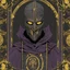 Placeholder: warlock, black mask with grey-yellow patterns, black robe with ash purple patterns, dark, ominous, ash purple, grey background