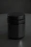 Placeholder: black container, plastic, realism, with screw lid, no labels, round container, front view, dark studio setting