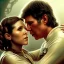 Placeholder: carrie fisher kissing harrison ford, waist up portrait, intricate, oil on canvas, masterpiece, expert, insanely detailed, 4k resolution, cinematic smooth, intricate detail , soft smooth lighting, soft pastel colors,