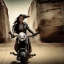 Placeholder: Mad Max style young woman on a motorcycle with water and gun