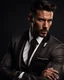 Placeholder: portrait of a 35 year old Handsome muscular male leader with lightly tanned skin and tattoos. Dark hair cut short and a goatee beard. wearing an armani suit. photorealistic