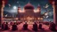 Placeholder: Hyper Realistic Photographic-View of few men praying outside a Huge-Beautifully-Crafted-Maroon-Mosque decorated with garland-lights & lamps between an island with ocean-water-waves & mountains around with Pigeons-Flying-at-night with dramatic-&-cinematic-ambiance