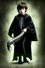 Placeholder: 7 year old boy, necromancer, friendly, looks dead,with a long lamprey emerging from his belly , wearing black robes, in the style of H.R. Giger
