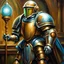 Placeholder: fantasy 90's tcg art of a sci fi paladin witha dome helmet and knight armor with big pauldrons holding a light staff oil painting style