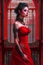 Placeholder: beautiful alluring tattooed female vampiress in thin red dress standing on top of the gothic cathedral top view. Luis Royo, Steve Hanks, hyper-detailed, hyperrealistic, digital art, detailed background, dark fantasy, cinematic, vibrant pastel colours