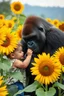 Placeholder: A child play with the s big gorilla among sunflowers farm the child is seems very happy while the gorilla been silly