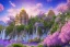 Placeholder: mountain, old and pink crystal indian PALACE on the mountain,san, swanns,waterfall, BLUE LAKE, SWANNs,fuksia bugainvillier flowers, jacaranda violet trees, sky pink blue, full of details, smooth, bright sunshine，soft light atmosphere, light effect，vaporwave colorful, concept art, smooth, extremely sharp detail, finely tuned detail, ultra high definition, 8 k, unreal engine 5, ultra sharp focus