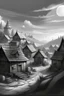 Placeholder: small wall village, fantasy, landscape, sketch, hand drawn, grayscale, 2d