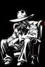 Placeholder: western styles man with wide flat brim hat shading face, wearing a gas-mask, sitting forward on a wingback chair, vignette, black and white graphic novel style with a red outline on black background, gothic body horror