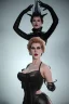 Placeholder: Hannah Waddingham as evil queen in black leather, busty, cleavage, dominatrix, curvy, angry, stern look.