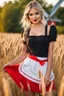 Placeholder: Beautiful russian girl, blonde hair, bold lipstick, windmill, wheat field, braided bangs, braided bobcut, solo, apron,thick thighs, side-tie panties, black hair,red dress, portrait