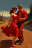 Placeholder: An oil painting of two lovers bumping into each other on the road and exchanging glances, and around them bells wearing a red dress and holding her by the waist