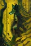 Placeholder: In the heart of a dense and enigmatic forest with towering ancient trees cloaked in emerald, yellow and amber foliage stands an ethereal beauty, her face is perfect, her lustrous hair cascading in ebony waves down to her slender waist she is slowly turning into a tree herself in the background just the crimson eyes of a large demonic dog are visible