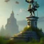 Placeholder: Monument, abandoned city centre, statue of human on top, look from distance, buildings visible whole statue, overgrown statue and monument, realistic, highly detailed