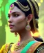 Placeholder: A portrait of a crystalised indian queen, atmospheric, realistic, unreal engine, cinematic lighting, octane render, transoarent, green turquoise light