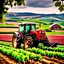 Placeholder: A farmer wearing denim overalls and wearing black rubber boots is plowing an agricultural field with a tractor, in the background hills of vineyards, a forest and a large barn, cloudy sky, lunch time, outdoor shot, cinematic, 12K, 1024X1026 pixelowers,types of flowers with name