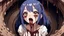 Placeholder: Anime girl with big eyes, darkblue and sepia tones, fullbody, slime, the perspective looking up from the bottom of an empty well, rolling eyes, tongue out, blood drip, open mouth,