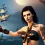 Placeholder: realistic, young model with dagger, short black hair flowing. holding a sword. black tatoo on arm. dressed a steampunk pirate, bra with carved leather. Salvador dalì style. Ships in background with high details. 4k, unreal engine. A cacatua is flying above.