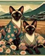 Placeholder: Two sister Oriental shorthair Siamese chocolate point cats" Asakusa Ricefields, Japanese Art Poster, in the style of Utagawa Hiroshige